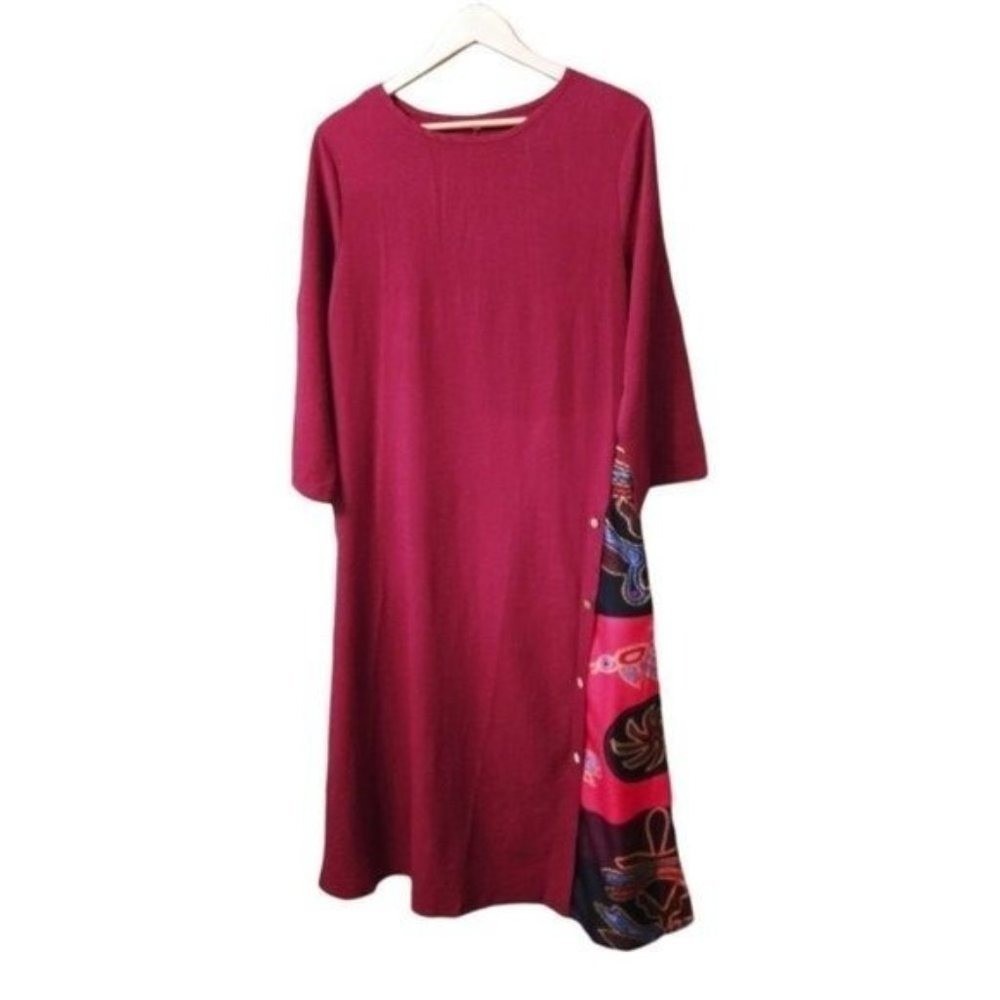Womens Long Sleeve Maxi Dress Geometric Print Side Panel Buttons Burgundy - Picture 4 of 11